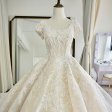 Real Photo Ball Gown Short Sleeve Big Train Lace Beaded Flowers Wedding Dresses