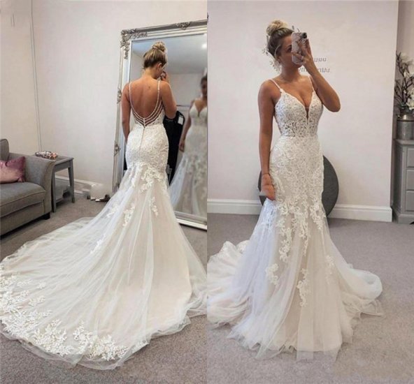 Custom Made New Design Wedding Dress Mermaid Open Back Tulle Lace Beading Sexy Bridal Wedding Gowns