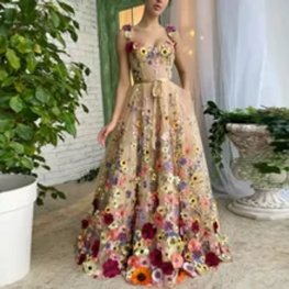 A-line Floral Dress Champagne Tulle Dress Spaghetti Strap Dresses For Women Elegant Long Evening Dresses Prom Dresses