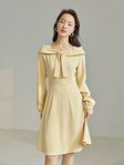 Slash Neck Full Slevee Women Dress Solid Casual Spring New Women Dress A-line Loose Waist Korean Bow Women Dress