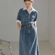 Office Lady Half Sleeve Hight Waist Dress Casual Denim Solid Dress Spring New A-line Splicing Shirt Women Dress