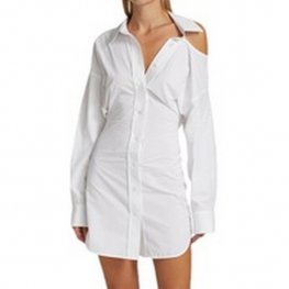 Women's Asymmetric Shirt Dress Hollow Out Shoulder Summer Ladies White Cotton Long Sleeve Single Breasted Short Robe