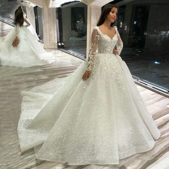 Luxurious Ball Gown Puffy Wedding Dresses Long Sleeve Sequins Tulle Crystal Beading Formal Elegant Bride Gowns Custom Size