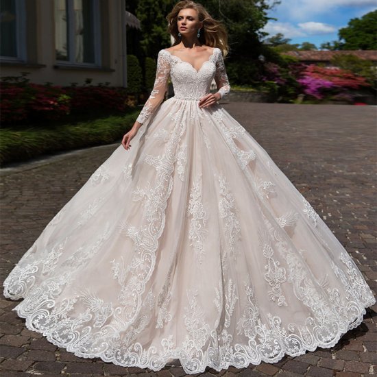 Luxury A Line V-Neck Lace Appliques Wedding Dresses Full Sleeves Bridal Gowns with Chapel Train