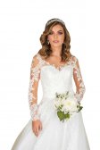 Women's Gorgeous Bridal Lace Gown Dress A line Silhouette V Neckline Over Nude Tulle Sheer Long Sleeves