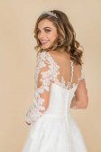 Women's Gorgeous Bridal Lace Gown Dress A line Silhouette V Neckline Over Nude Tulle Sheer Long Sleeves